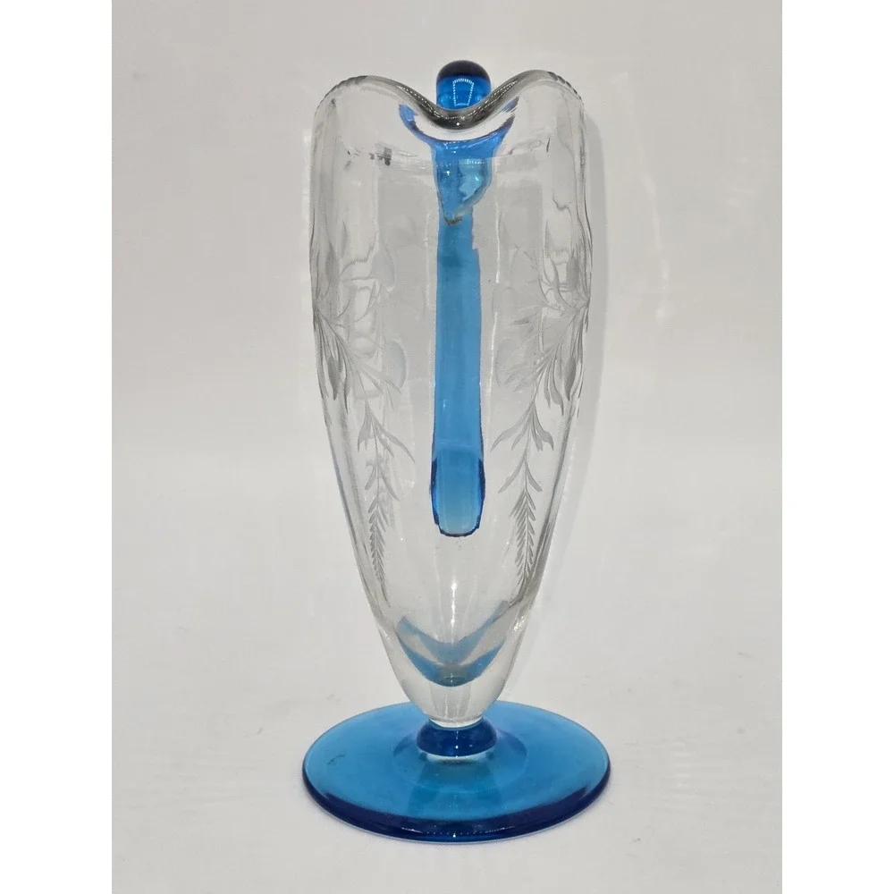Steuben Celeste Blue Art Glass Creamer Acid Etched‎ Floral Applied Handle 7